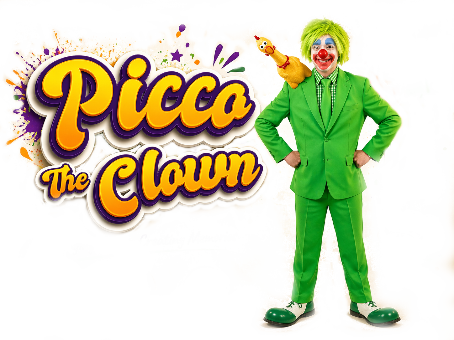 Picco The Clown in a bright green suit with rubber chicken